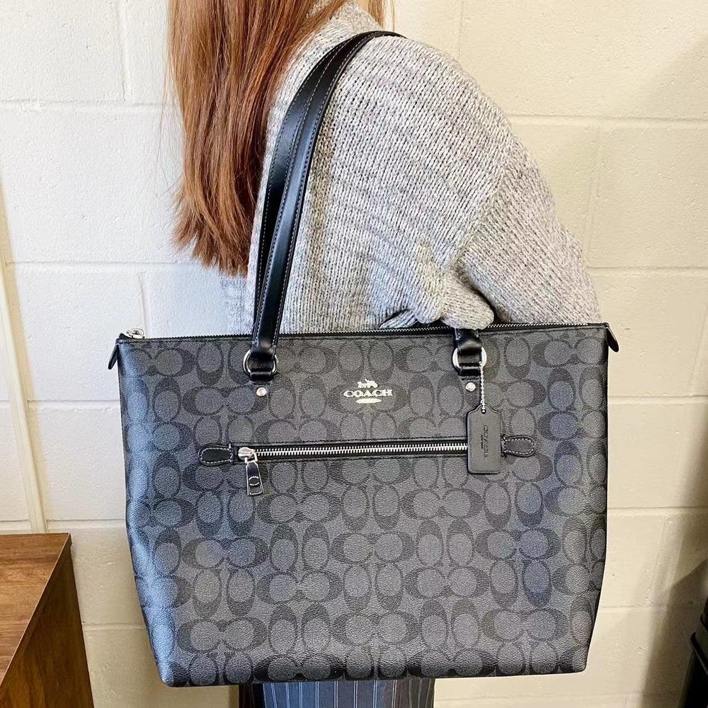 Coach 79609 Gallery Tote In Signature Canvas In Silver/Graphite/Black